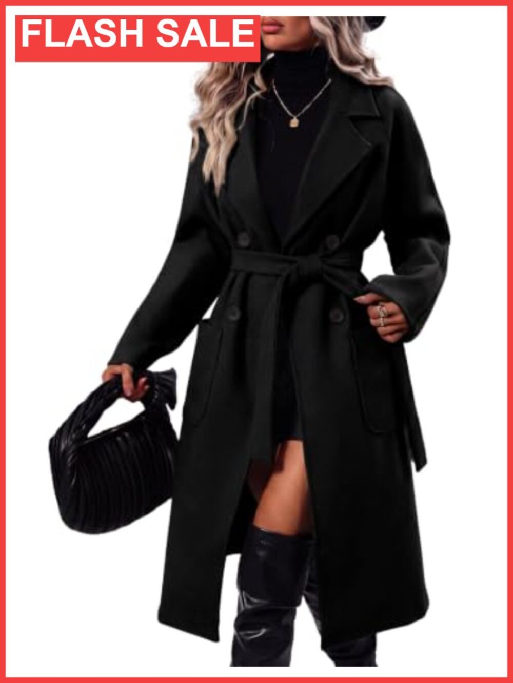 Wool Blend Peacoat Double Breasted Belted Mid Long Winter Coat Notched Lapel
